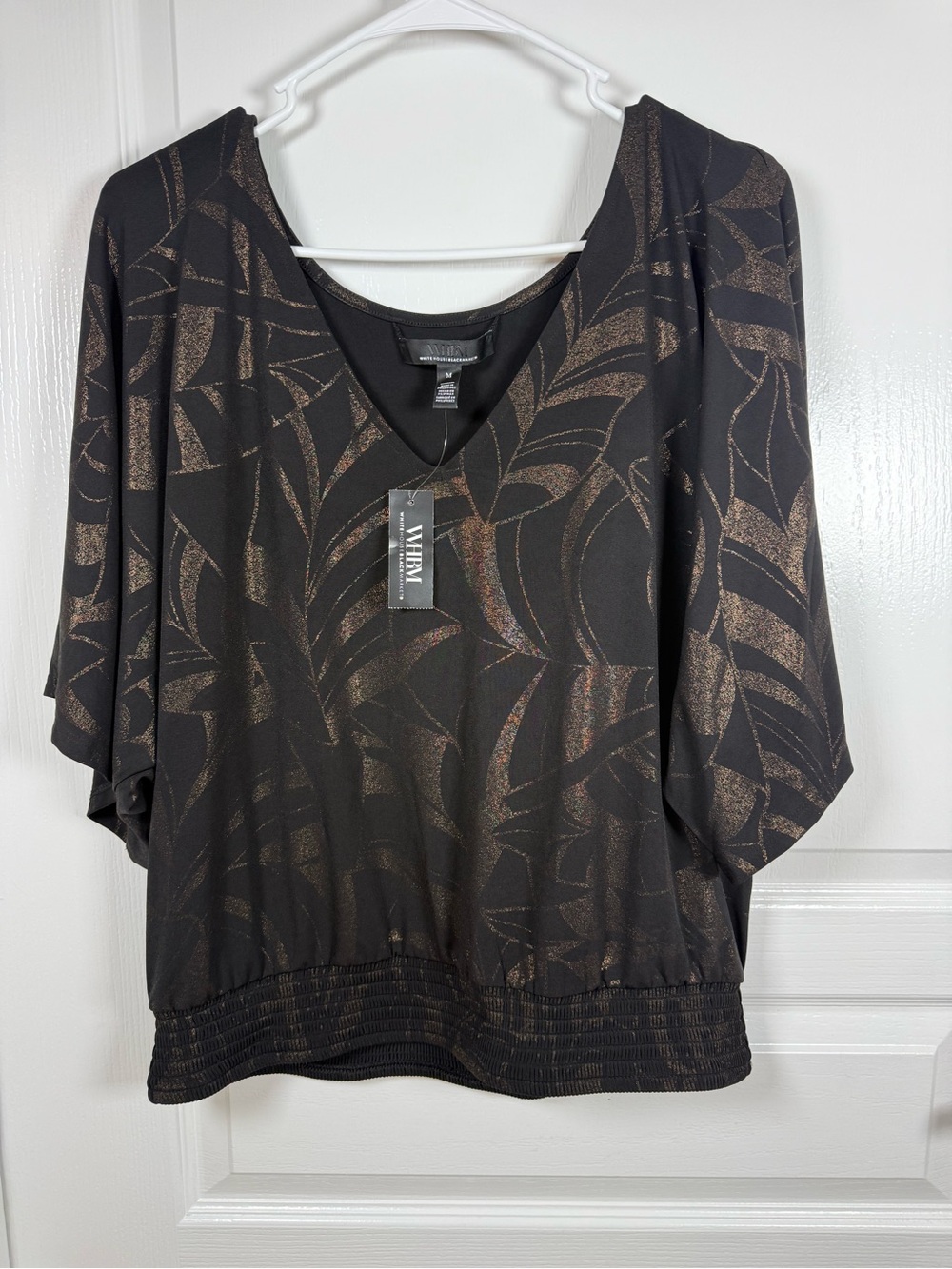 White House Black Market Black Top with Metallic Bronze Leaf Print (026)